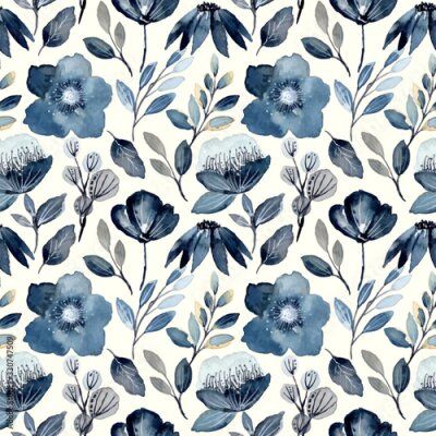 Tapete indigo watercolor floral seamless pattern