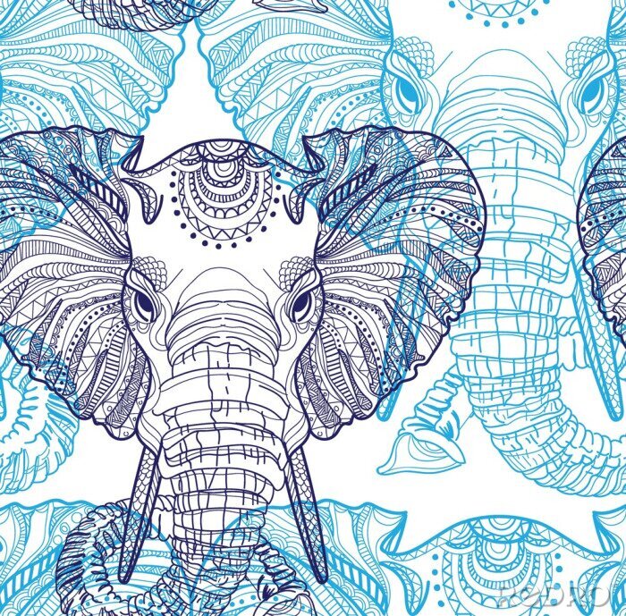 Tapete Indisch gemusterte blaue Elefanten