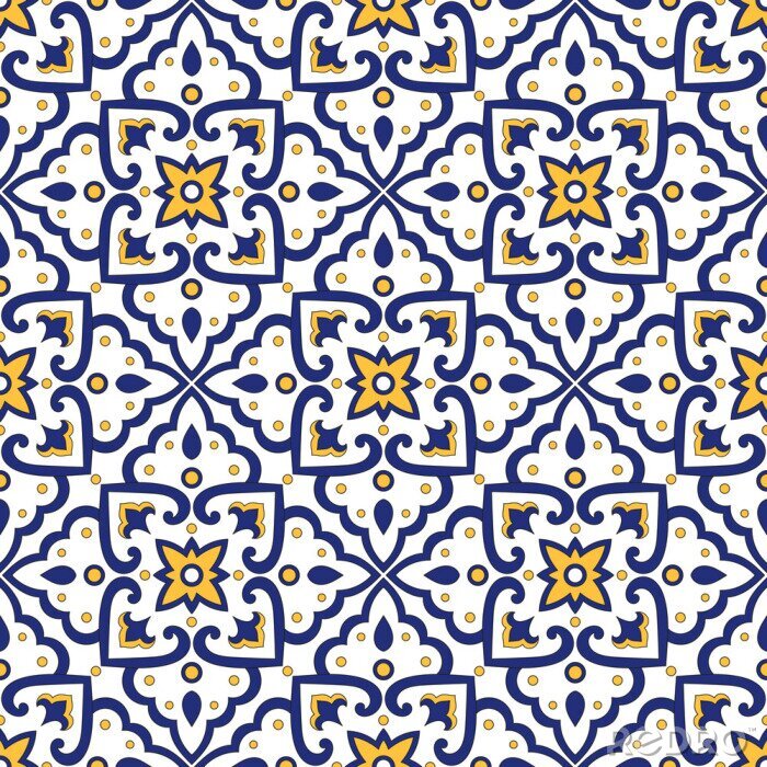 Tapete Italian tile pattern vector seamless with vintage ornaments. Portuguese azulejos, mexican talavera, italy sicily majolica motifs. Tiled texture for ceramic kitchen wall or bathroom mosaic floor.