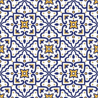 Sticker Italian tile pattern vector seamless with vintage ornaments. Portuguese azulejos, mexican talavera, italy sicily majolica motifs. Tiled texture for ceramic kitchen wall or bathroom mosaic floor.