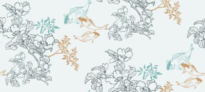 Tapete Japanische orientalische Fische und Blumen
