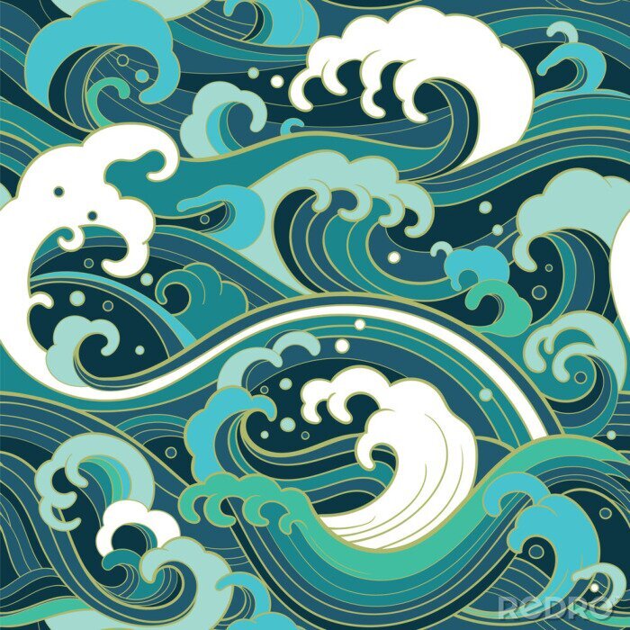 Tapete Japanische Wellen in Meerestönen