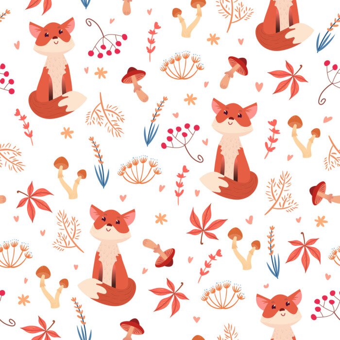 Tapete Junge Füchse inmitten von Herbstsymbolen