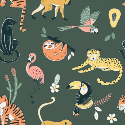 Tapete Jungle animals color vector seamless pattern. Flamingo, parrot, tiger background. Flora and fauna. Wild nature. Birds and predators. Decorative animal textile, wallpaper, wrapping paper design