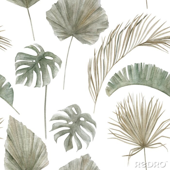 Tapete Jungle seamless pattern with tropical palm leaves on white background. Hand drawn summer illustration. Vintage floral print