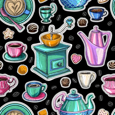 Tapete Kaffee, Desserts, Tee, Frühstück, Kuchen, Donut. Becher, Tasse, Kaffeemühle.