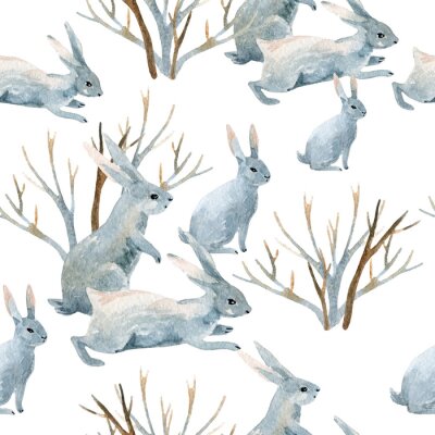 Kaninchen im Winter. Aquarell nahtlose Muster