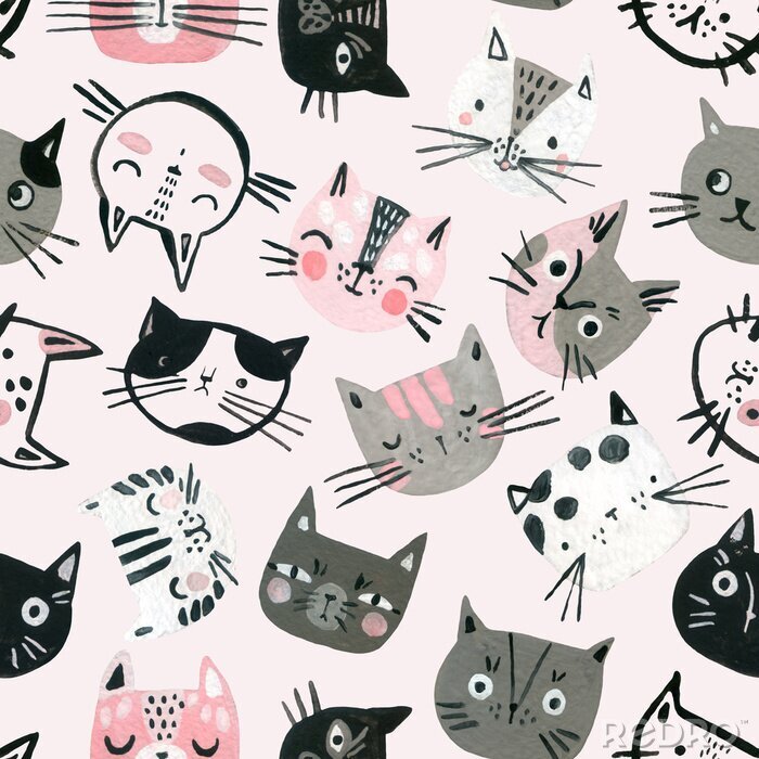 Tapete Katzenköpfe auf rosa Hintergrund