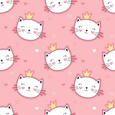 Tapete Katzenköpfe mit Kronen auf rosa Hintergrund