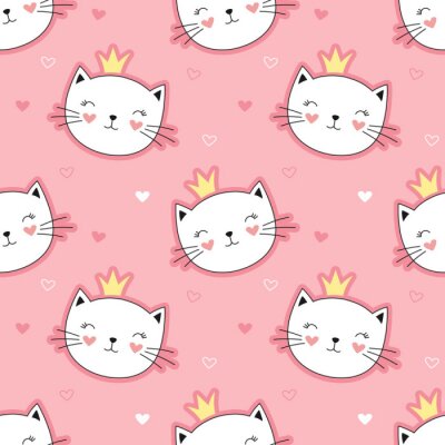 Tapete Katzenköpfe mit Kronen auf rosa Hintergrund