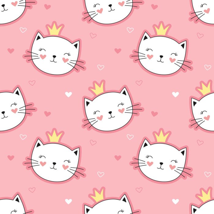 Tapete Katzenköpfe mit Kronen auf rosa Hintergrund