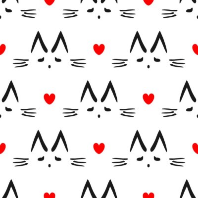 Tapete Katzenmotiv und rote Herzen