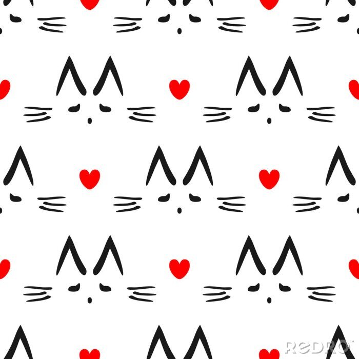 Tapete Katzenmotiv und rote Herzen