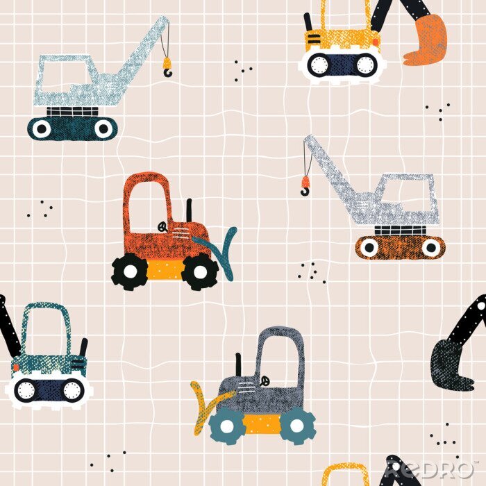 Tapete Kids seamless pattern with building equipment. Funny creative print for textile. Vector hand drawn illustration.