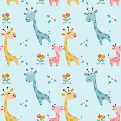 Tapete Kindermuster fröhliche Giraffen und Blumen