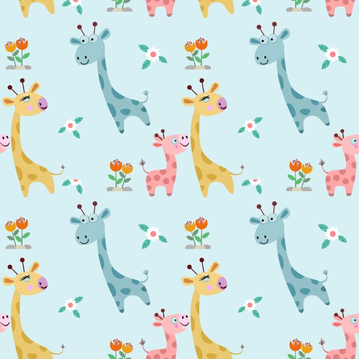 Tapete Kindermuster fröhliche Giraffen und Blumen