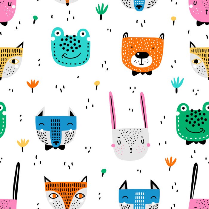 Tapete Kindliches nahtloses Muster mit handgezeichneten Tieren. Trendiger skandinavischer Vektorhintergrund. Vektorbeschaffenheit im kindlichen Stil ideal für Stoff und Textil, Tapeten, Hintergründe