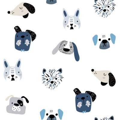 Kindliches nahtloses Muster mit lustigen kreativen Hundegesichtern. Trendiger skandinavischer Vektorhintergrund. Perfekt für Kinderbekleidung, Stoff, Textilien, Kinderzimmerdekoration, Geschenkpapier