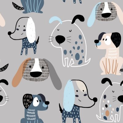 Kindliches nahtloses Muster mit lustigen kreativen Hunden. Trendiger skandinavischer Vektorhintergrund. Perfekt für Kinderbekleidung, Stoff, Textilien, Kinderzimmerdekoration, Geschenkpapier