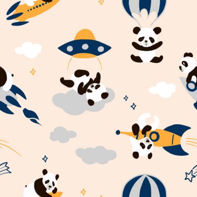 Tapete Kindliches nahtloses Pandamuster mit handgezeichneten Raumelementen Raum, Rakete, Stern, UFO, Fallschirm. Netter Bär, der im Himmelkinderzimmer fliegt, ungewöhnliches Geschenkpapier. Dekorativer Druck
