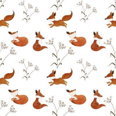 Tapete Kleine Aquarell Füchse und Feldblumen