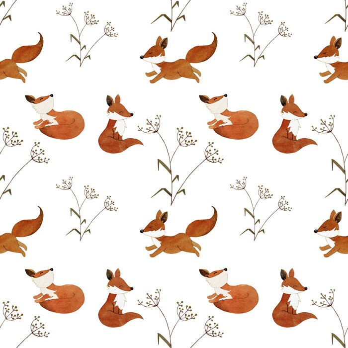 Tapete Kleine Aquarell Füchse und Feldblumen