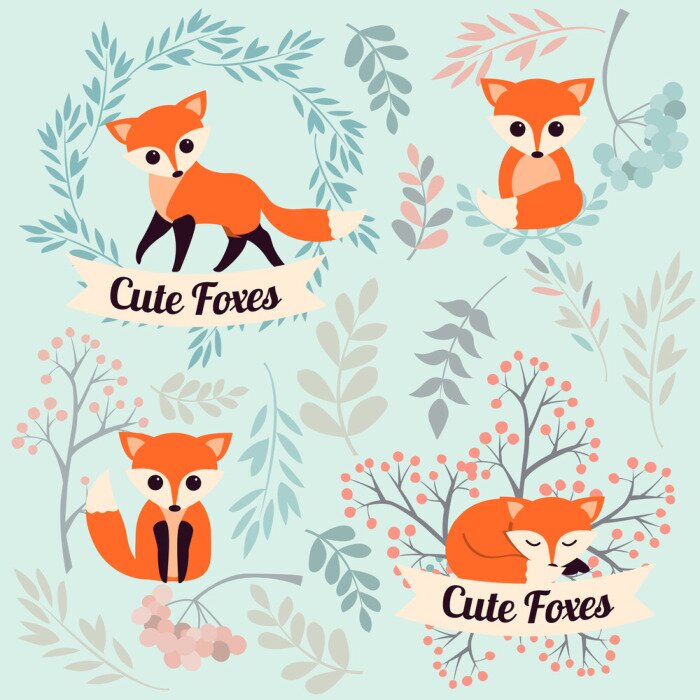 Tapete Kleine Füchse Grün und Aufschriften
