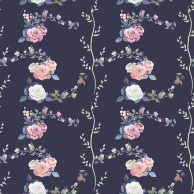 Tapete Kleine romantische Rosen auf dunkelblauem Hintergrund