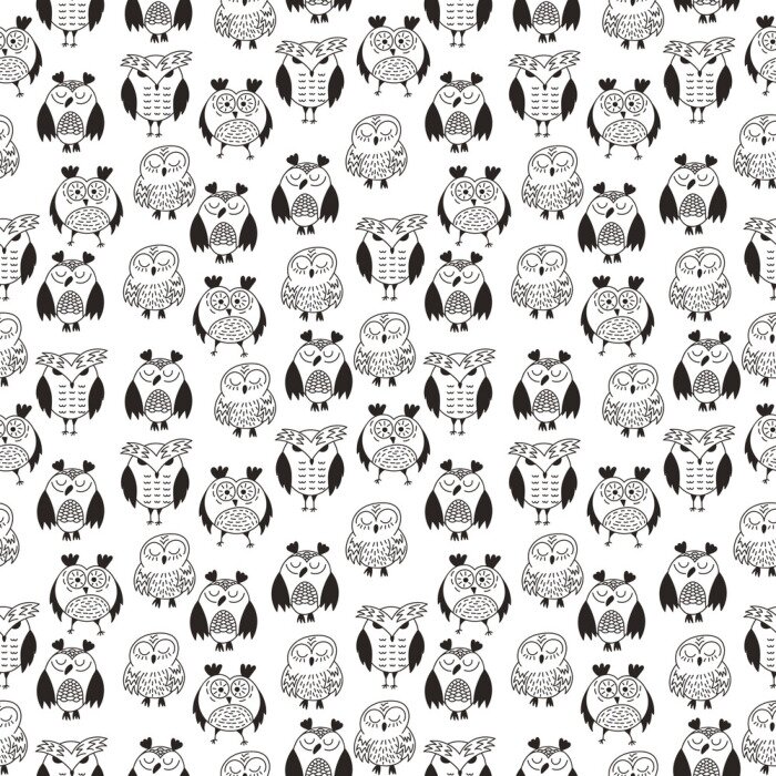 Tapete Kleine schwarze und weiße Eulen