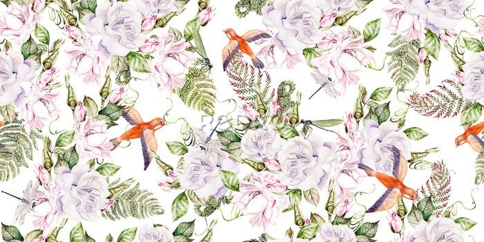 Tapete Kleine Vögel zwischen weißen Blumen