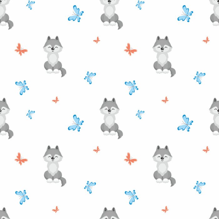 Tapete Kleine Wölfe und bunte Schmetterlinge für Kinder