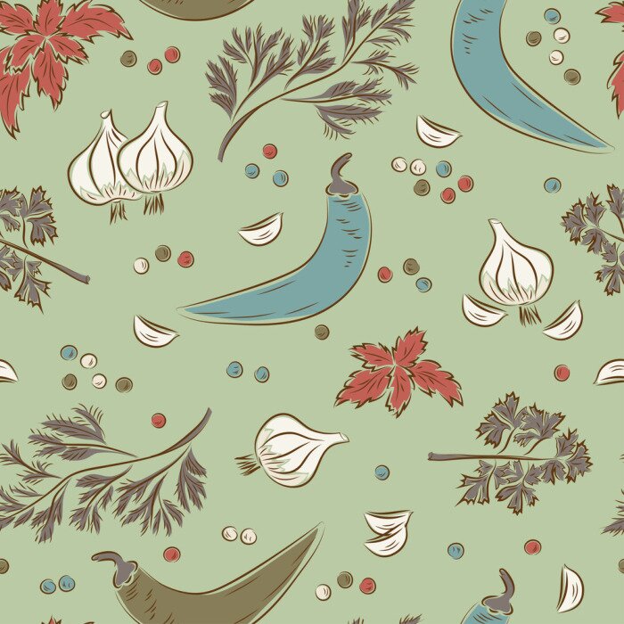 Tapete Knoblauchpaprika und Kräuter im Vintage-Stil