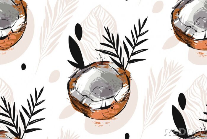 Tapete Kokosnusshälften und Blätter