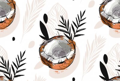 Tapete Kokosnusshälften und Blätter