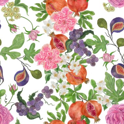 Tapete Komposition aus Obst und Blumen