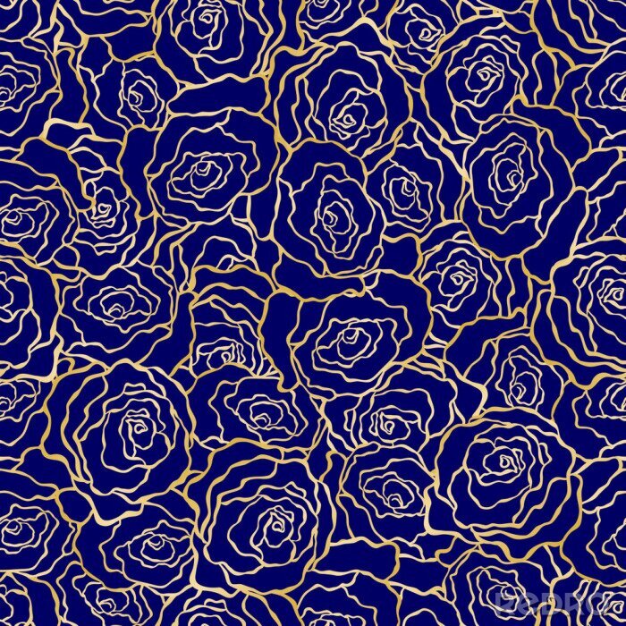 Tapete Kontrastierende Umrisse von Rosen auf dunkelblauem Hintergrund