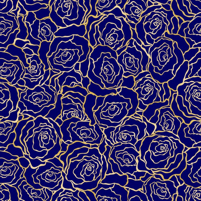 Tapete Kontrastierende Umrisse von Rosen auf dunkelblauem Hintergrund