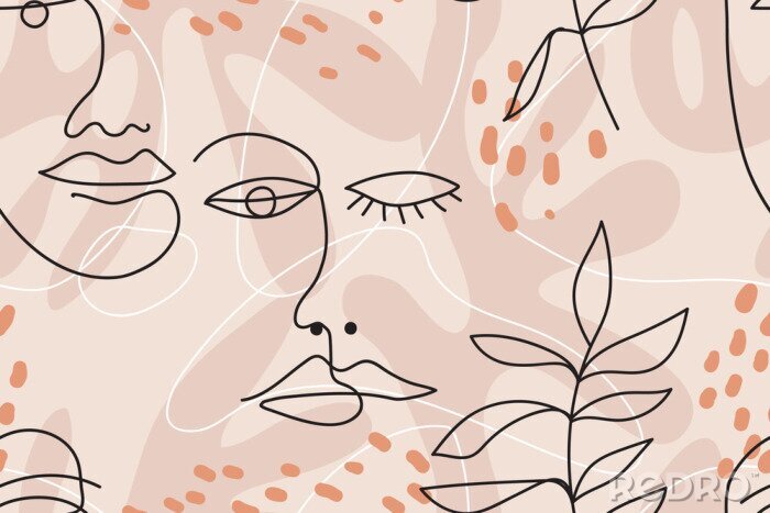 Tapete Konzept Line Art mit Gesichtern und Pflanzen