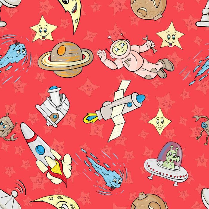 Tapete Kosmische Motive auf rotem Grund