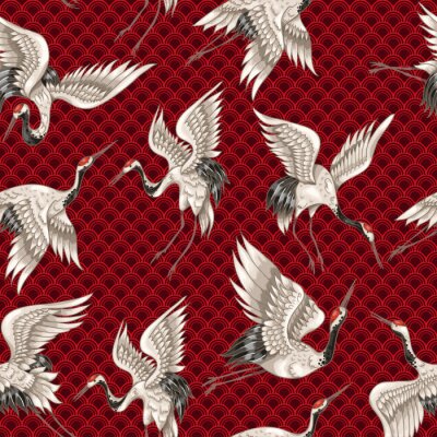 Tapete Kräne auf einem gemusterten roten Hintergrund