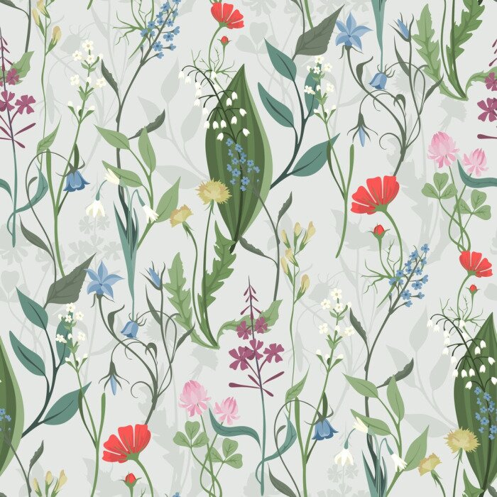 Tapete Kräuter und bunte Wildblumen