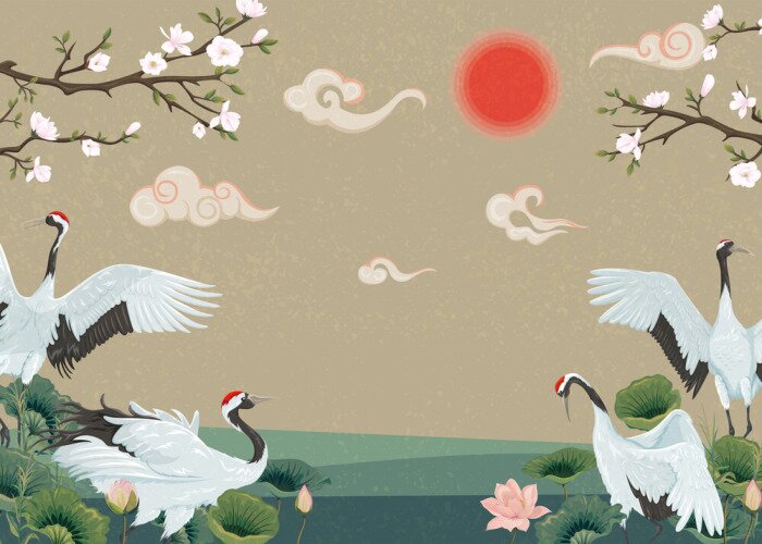 Tapete Kraniche in einer orientalischen Illustration