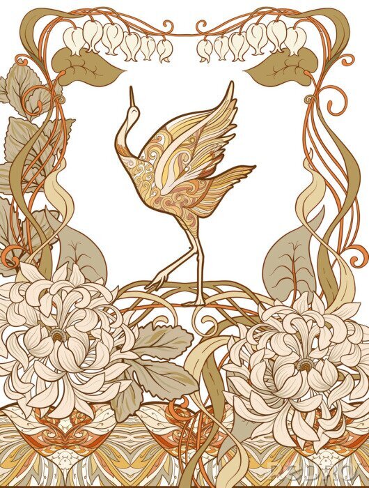 Tapete Kranichvogel im Jugendstil