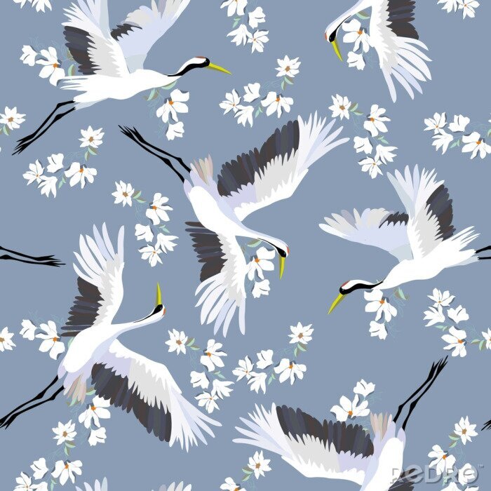 Tapete Kranvögel und weiße Blumen auf blauem Hintergrund