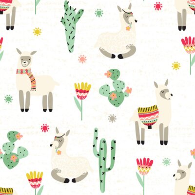 Tapete Lama Blumen und Kakteen