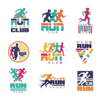 Tapete Laufen sport club logo vorlagen gesetzt, embleme für sport organisationen, turniere und marathons bunte vektor Illustrationen