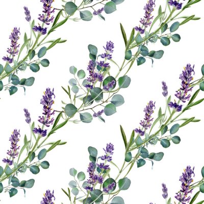 Tapete Lavendelblüten zwischen grünen Eukalyptuszweigen