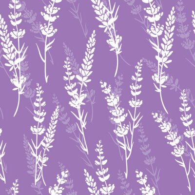 Tapete Lavender flowers purple vector seamless pattern. Beautiful violet lavender retro background. Elegant fabric on light background Surface pattern design.
