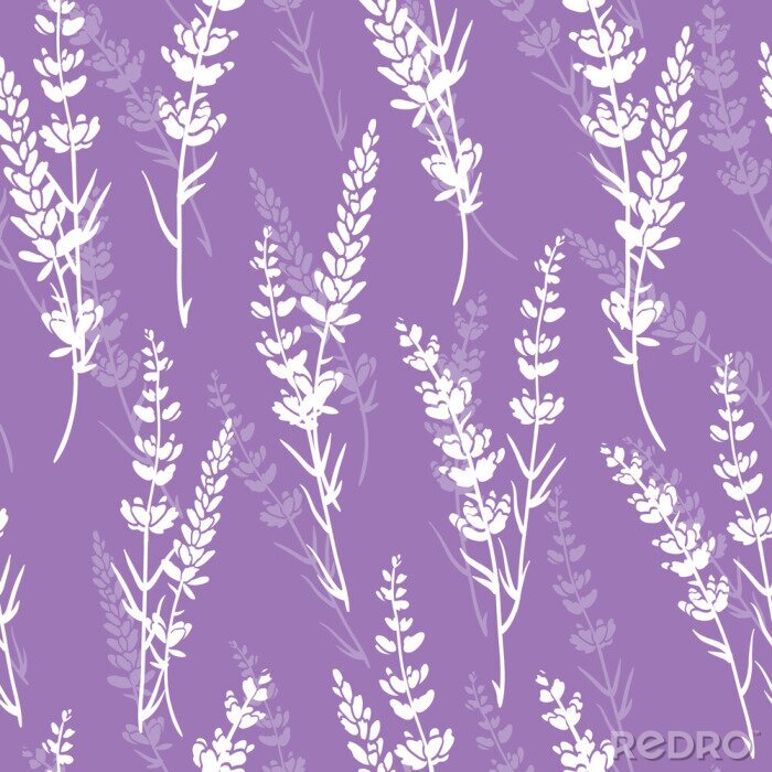 Tapete Lavender flowers purple vector seamless pattern. Beautiful violet lavender retro background. Elegant fabric on light background Surface pattern design.