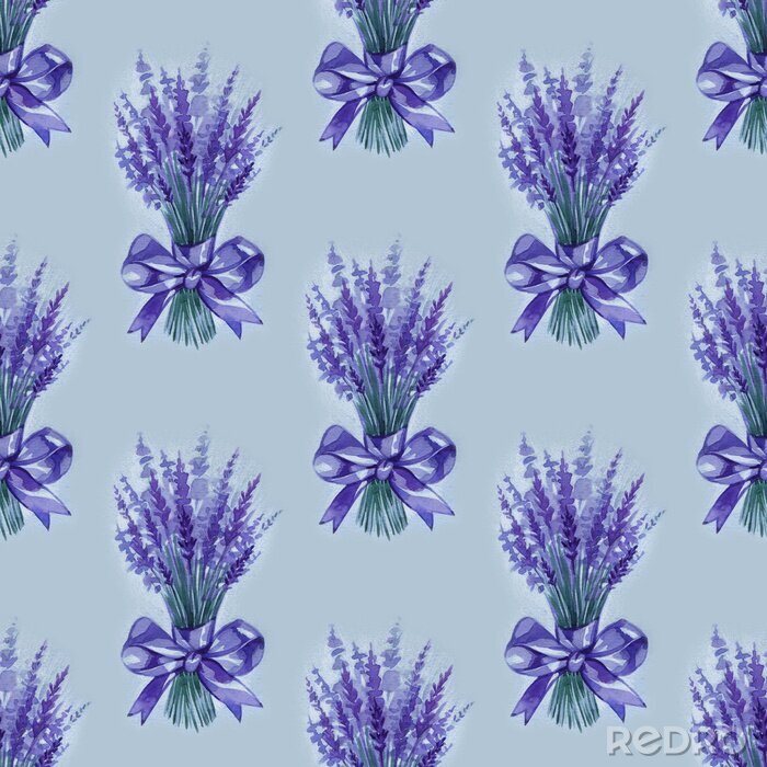 Tapete Lavender flowers purple watercolor seamless pattern. Beautiful violet lavender retro background. Elegant fabric on light background Surface pattern design.